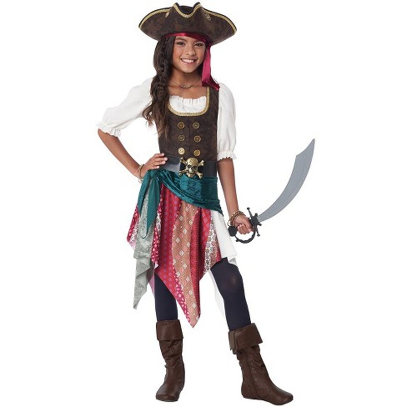 Boho Pirate Costume for Kids, Blue and Red Dress With Vest M