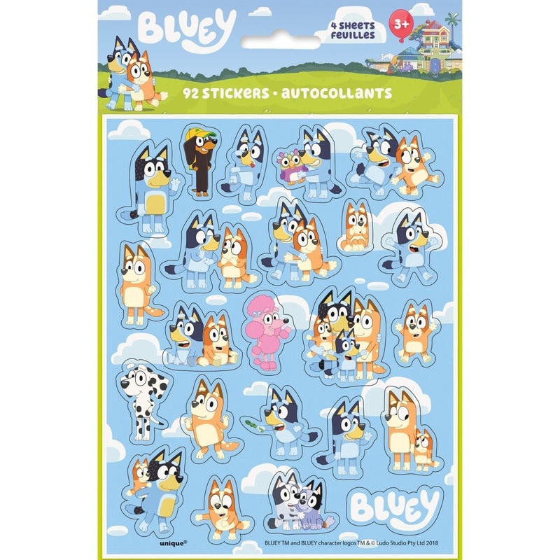 Bluey Sticker Sheet, 4 Sheets, 92 Count