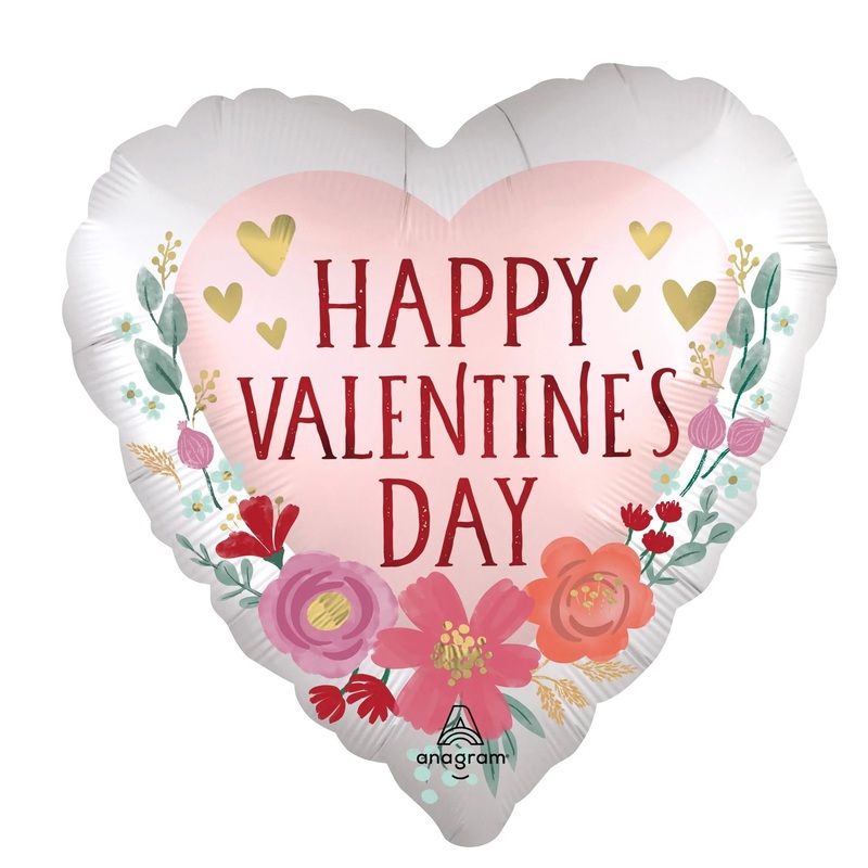 "Happy Valentine's Day!" Satin Romantic Flowers Heart Shape Foil Balloon, 18 Inches, 1 Count