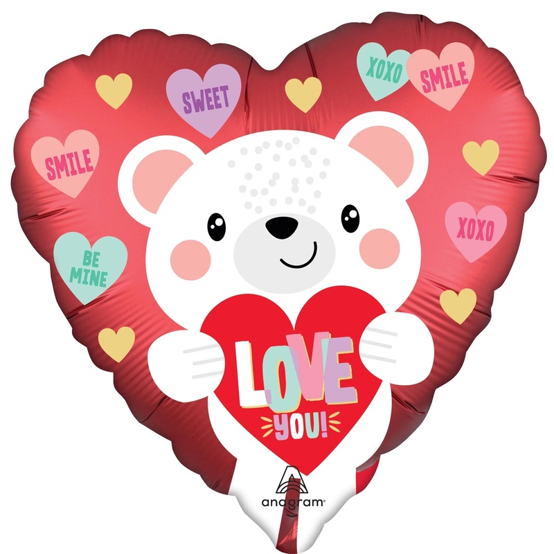 "Love You!" Satin White Bear Heart Shape Foil Balloon with Multicolored Hearts, 18 Inches, 1 Count