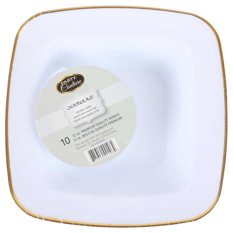 White Premium Quality Square Bowls with Gold Rim, 12 oz, 10 Count
