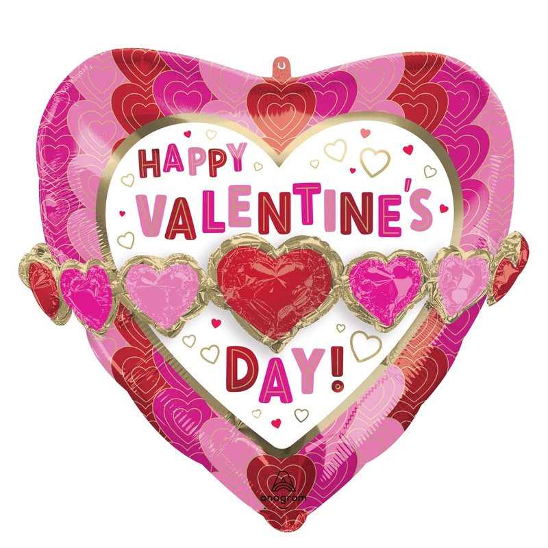 "Happy Valentine's Day!" Pink, Red with White Heart Supershape Foil Balloon Wrapped in Hearts, 26 Inches, 1 Count