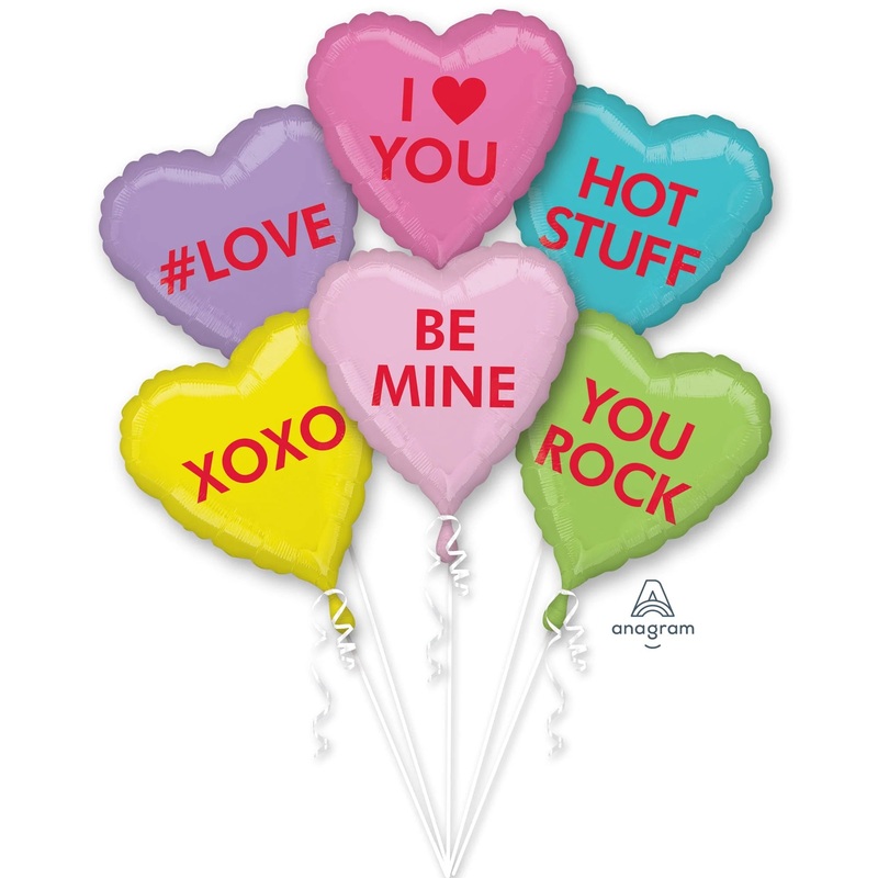 Valentine's Day Candy Hearts Balloon Bouquet, Helium Inflation not Included, 6 Count