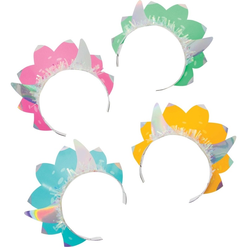 Dino Party Tiaras, Pink, Green, Blue and Yellow, 8 Count