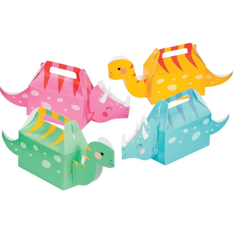 Dino Party Treat Boxes, Pink, Green, Blue and Yellow, 4 Count