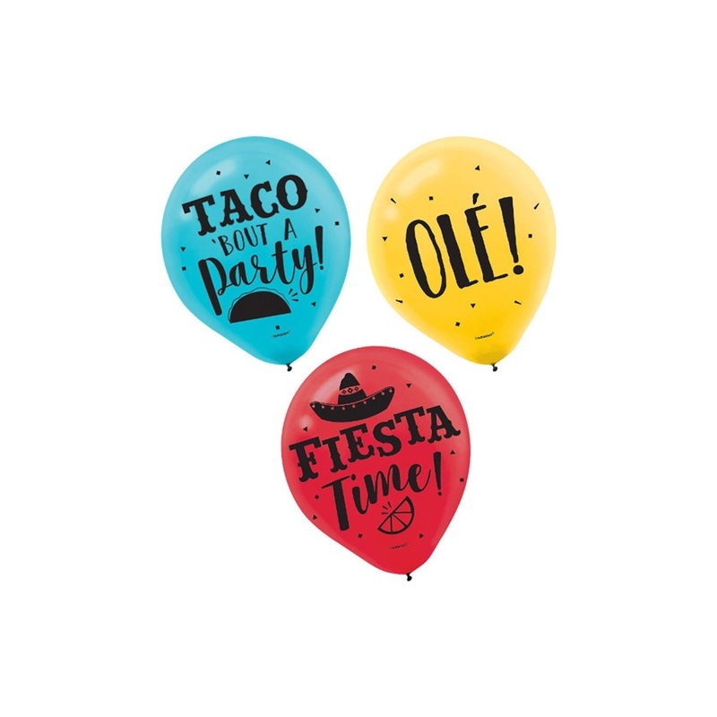 Fiesta Printed Latex Balloons, Blue, Yellow and Red, 15 Count