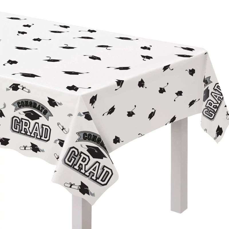 Graduation White Table Cover, 54 x 102 Inches, 1 Count
