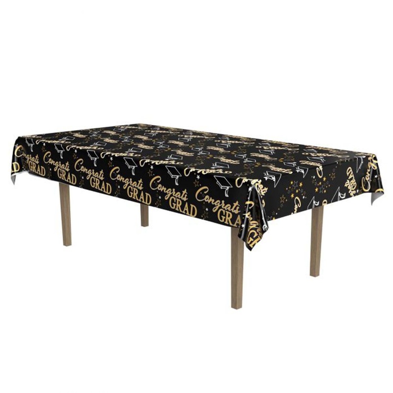 Metallic Black and Gold Graduation Table Cover, 54 x 108 Inches, 1 Count