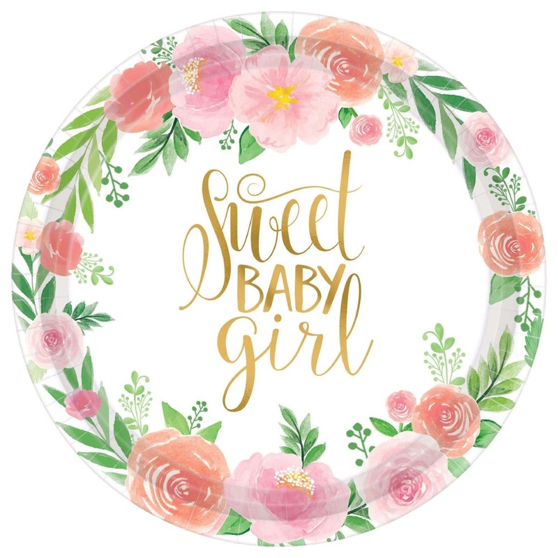 Floral Baby Small Round Dessert Paper Plates, 7 Inches, 8 Count