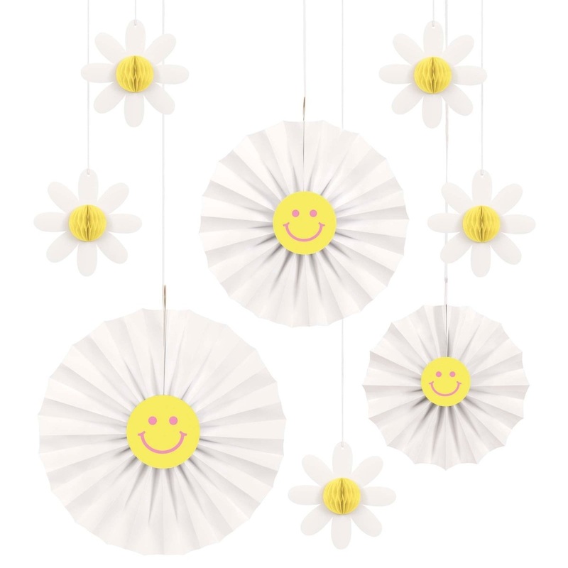 Groovy Daisy Flower Birthday Fan Decorations, 8 Count