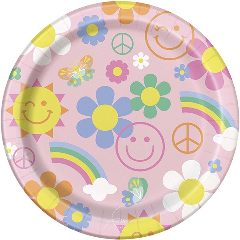 Groovy Daisy Flower Birthday Large Round Lunch Paper Plates, 9 Inches, 8 Count
