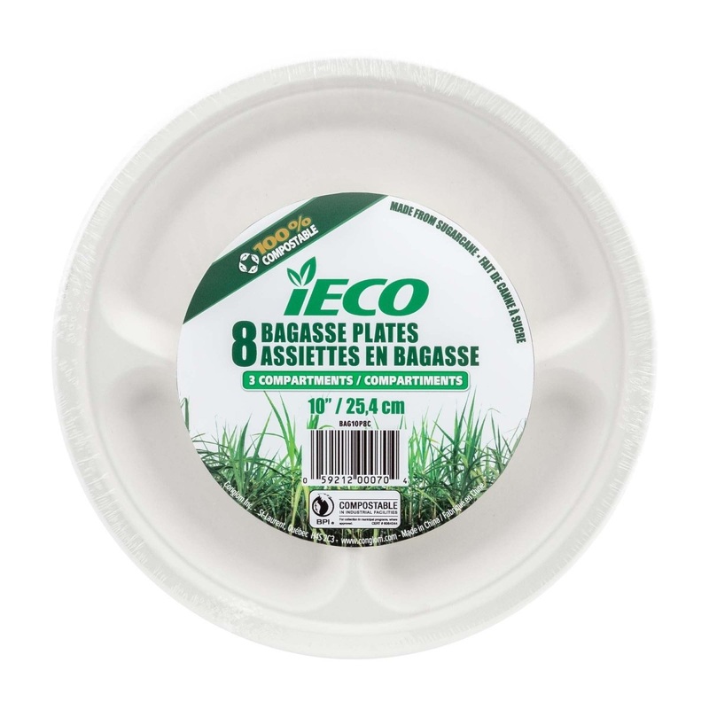 iECO Large Round Bagasse Plates with 3 Compartment, 10 Inches, 8 Count