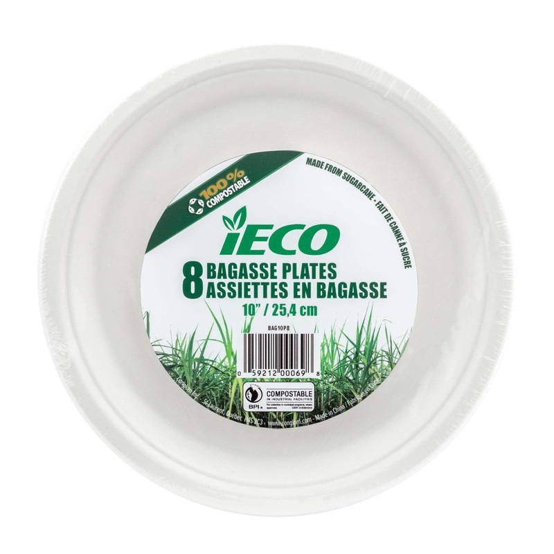 iECO Large Round Lunch Bagasse Plates, 10 Inches, 8 Count