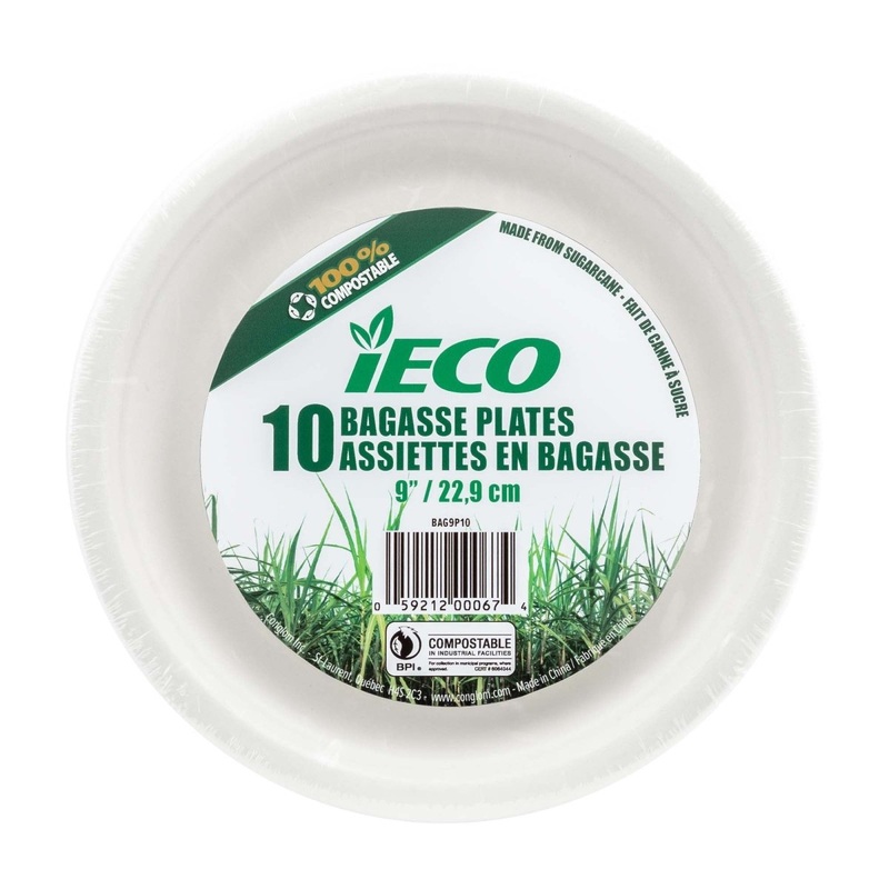 iECO Large Round Lunch Bagasse Plates, 9 Inches, 10 Count