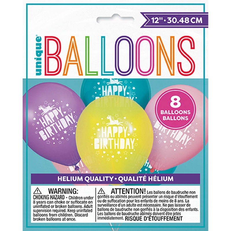 Unicorn Galaxy Printed Latex Balloons, Yellow, Pink, Purple and Blue, 12 Inches, 8 Count