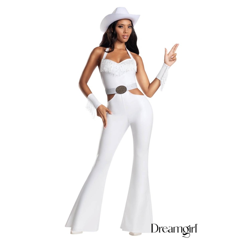 Buckle Bunny Cowgirl Costume for Adults, White Jumpsuit S