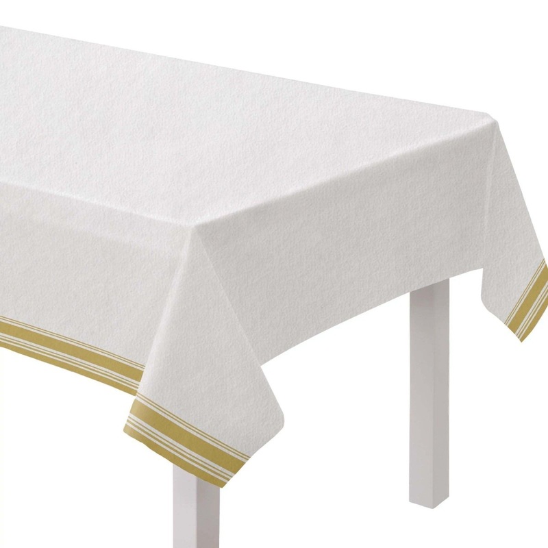 Deluxe Rectangular Airlaid Table Cover, White & Gold, 54 x 102 Inches, 1 Count