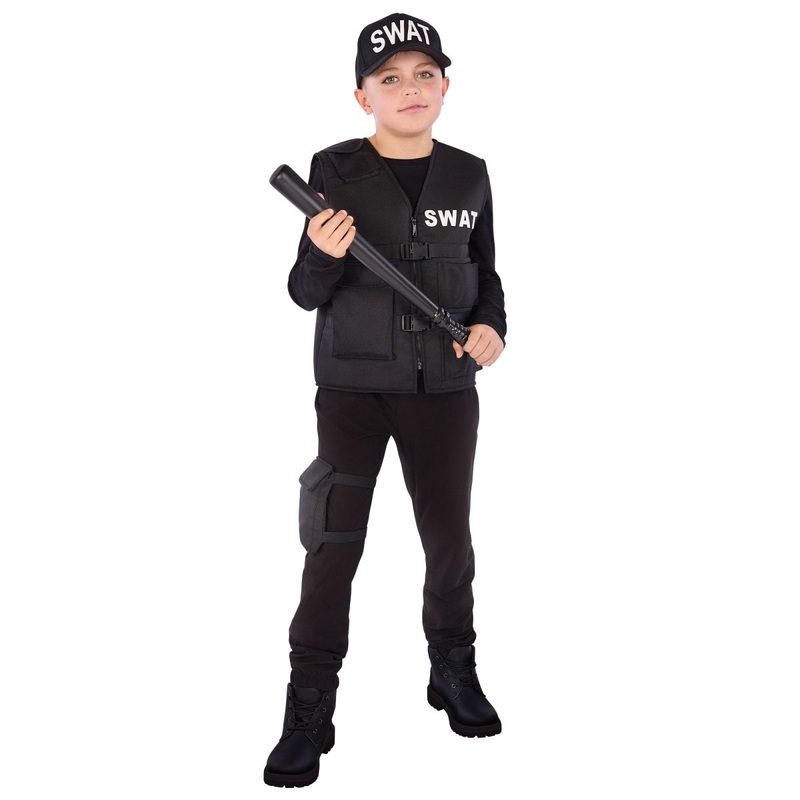 Swat Costume for Kids, Black Vest, Cap and Leg Pouch 6-8