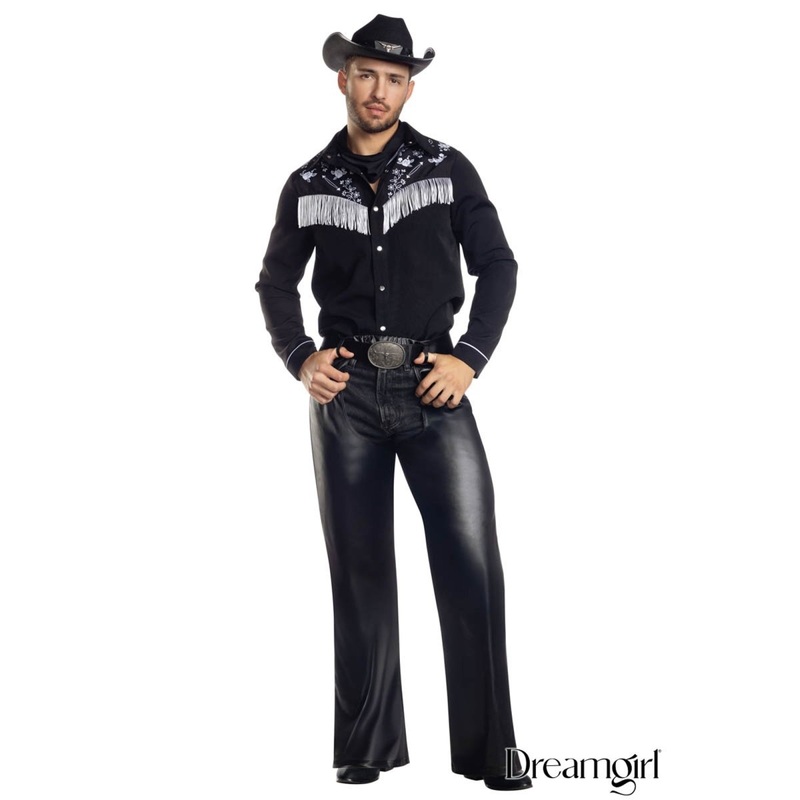 Cowboy Jim Costume for Adults, Black Shirt with Fringe M
