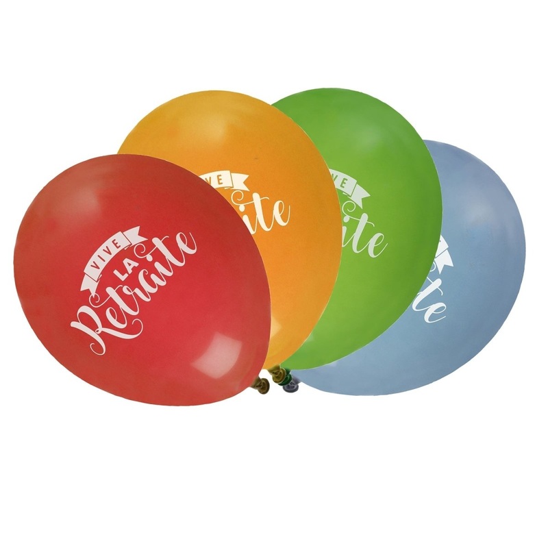Retraite Retro "Vive la retraite" Latex Balloons, Red, Orange, Green & Blue, 12 Inches, 8 Count