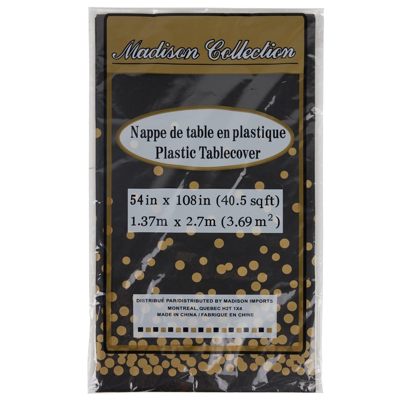 Black and Gold Plastic Table Cover, 54 x 108 Inches, 1 Count