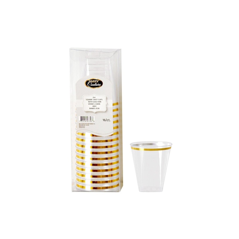 Clear Premium Quality Square Shot Cups with Gold Rim, 2 oz, 16 Count