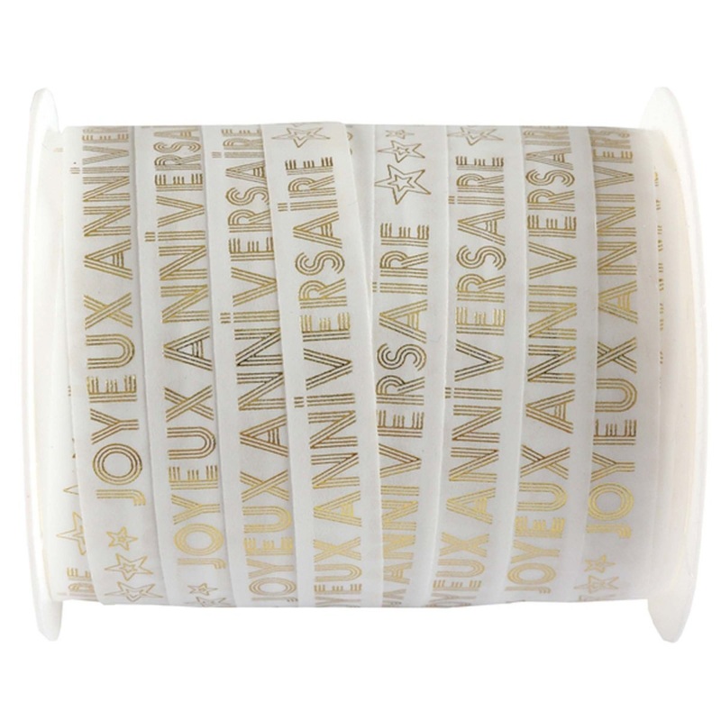 "Joyeux Anniversaire" Birthday Balloon Ribbon, White and Gold, 1 Count