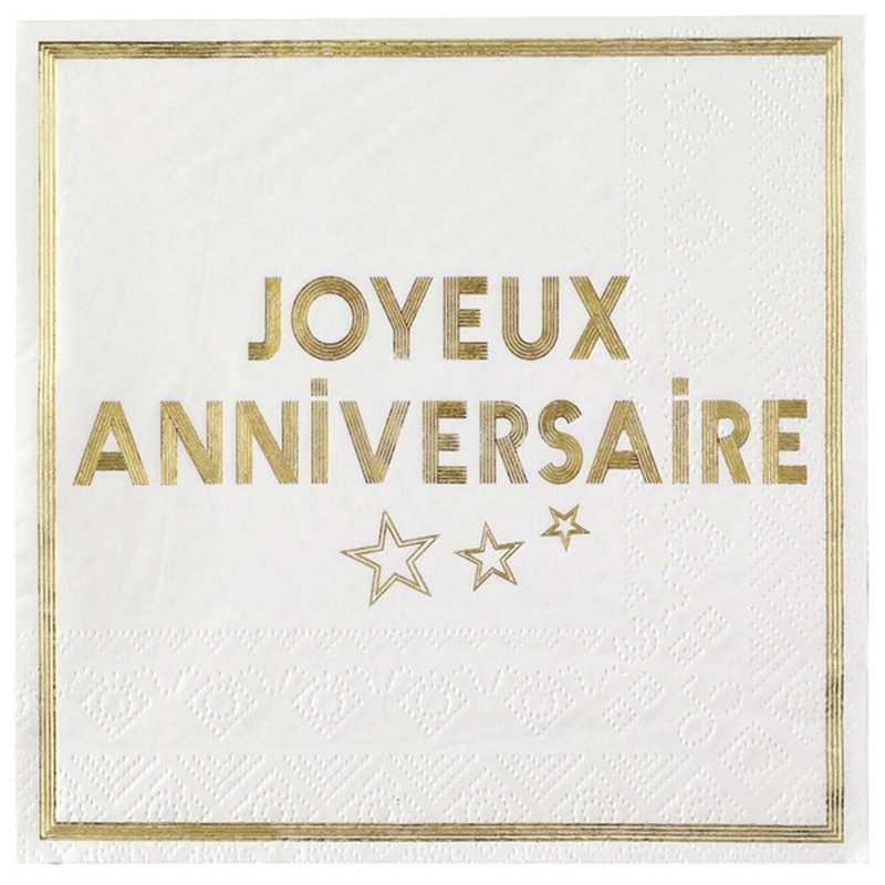 "Joyeux Anniversaire" Birthday Large Lunch Napkins, White and Gold, 10 Count