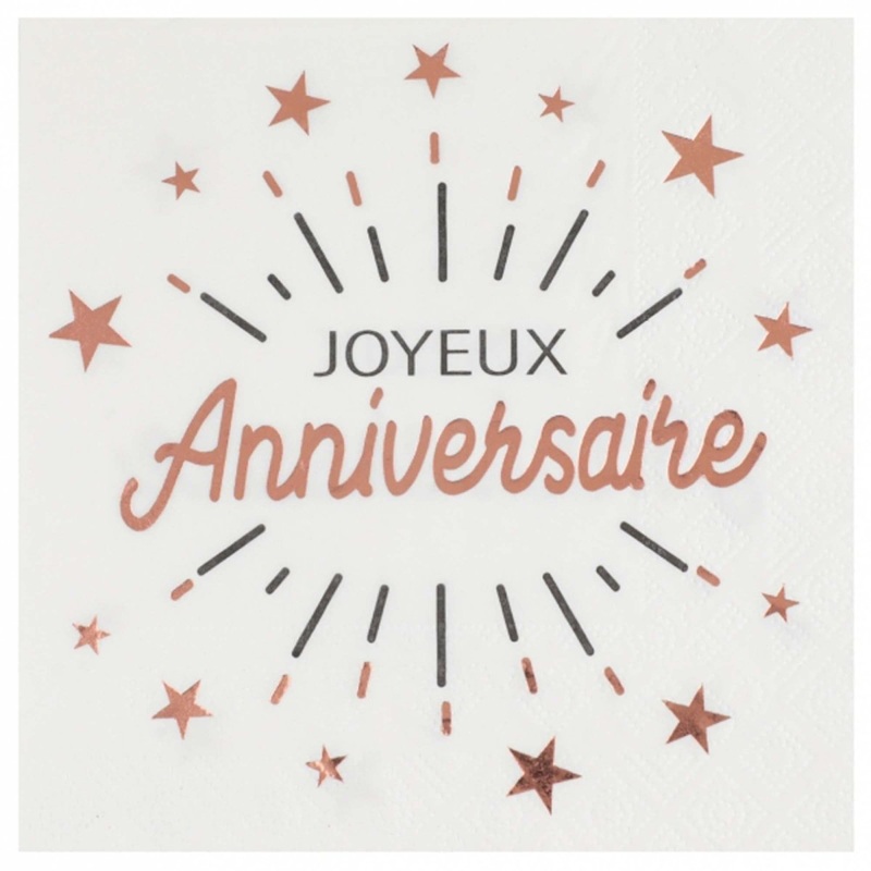 "Joyeux Anniversaire" Birthday Large Lunch Napkins, White and Rose Gold, 10 Count