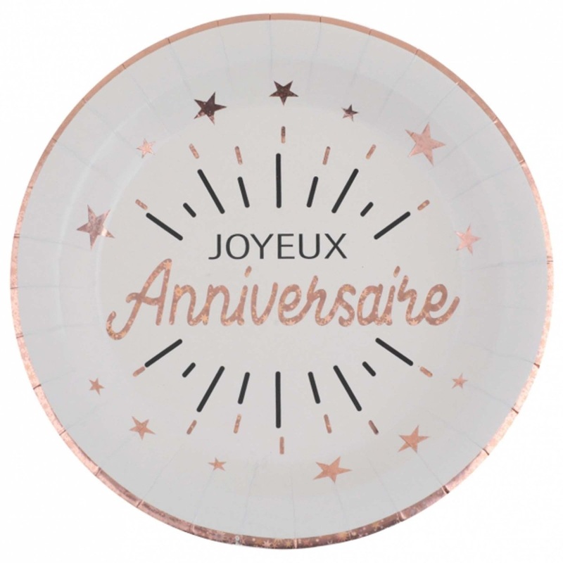 "Joyeux Anniversaire" Birthday Large Lunch Paper Plates, White and Rose Gold, 9 Inches, 10 Count