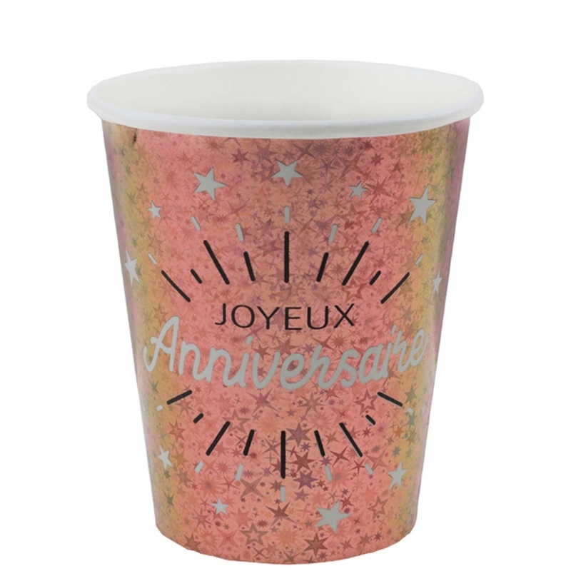 "Joyeux Anniversaire" Birthday Paper Cups, White and Rose Gold, 9 Oz, 10 Count