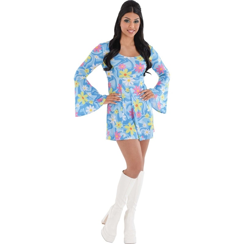 60s Hippie Mini Dress for Adults, Blue Floral Dress S/M