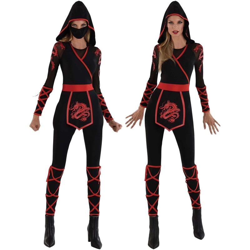 Blood Dragon Ninja Costume for Adults, Black and Red Jumpsuit S