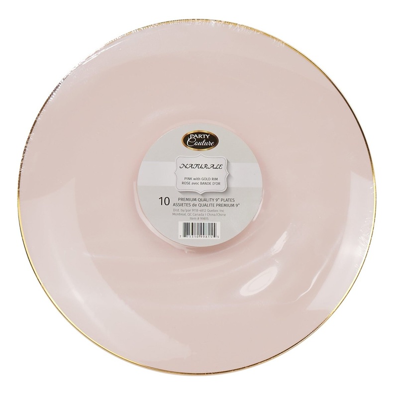 Blush Pink Premium Quality Round Plates with Gold Rim, 9 Inches, 10 Count