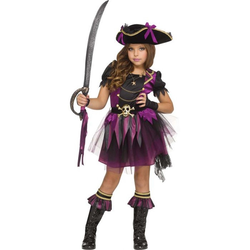 Stormy Sea Queen Pirate Costume for Kids, Black and Purple Dress M