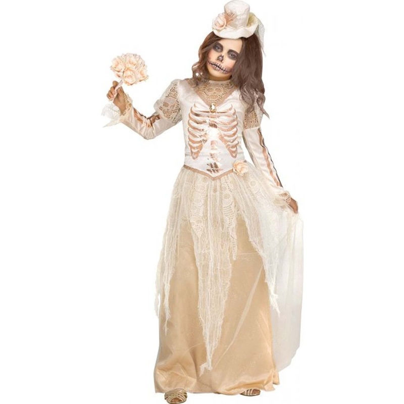 Victorian Skeleton Bride Costume for Kids, White Gown M