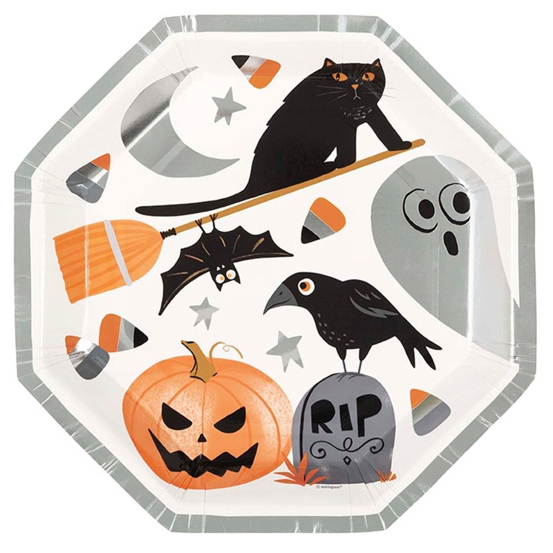 Bats and Boos Large Octagon Shape Lunch Paper Plates, 9 Inches, 8 Count