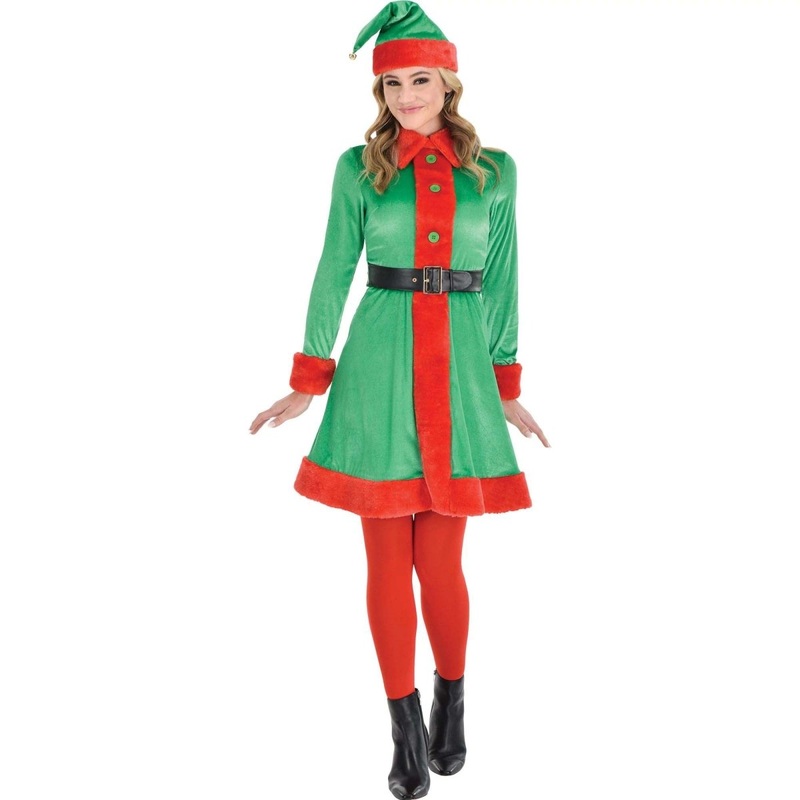 North Pole Gal Elf Costume for Adults, Green and Red Dress S