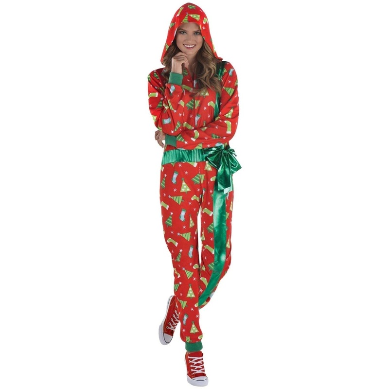 Gift Zipster Costume for Adults, Red and Green Onesie S/M