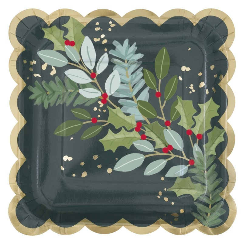 Holly Days Christmas Large Square Lunch Paper Plates, 9 Inches, 8 Count