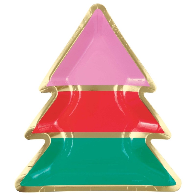 Vibrant Christmas Large Tree Shaped Lunch Paper Plates, 9 Inches, 8 Count