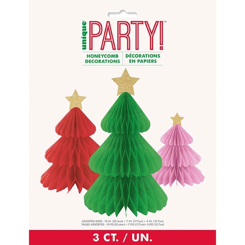 Vibrant Christmas Trees Honeycomb Decorations, Green, Red, Pink, 3 Count