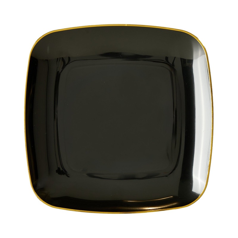 Black Premium Quality Large Square Lunch Plates with Gold Rim, 10 Inches, 10 Count