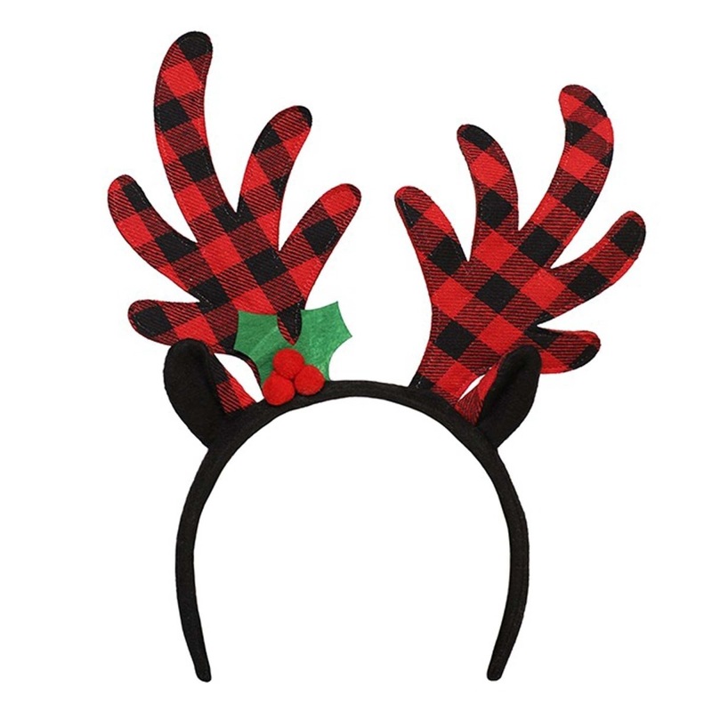 Reindeer Plaid Christmas Headband, Red and Black, 1 Count