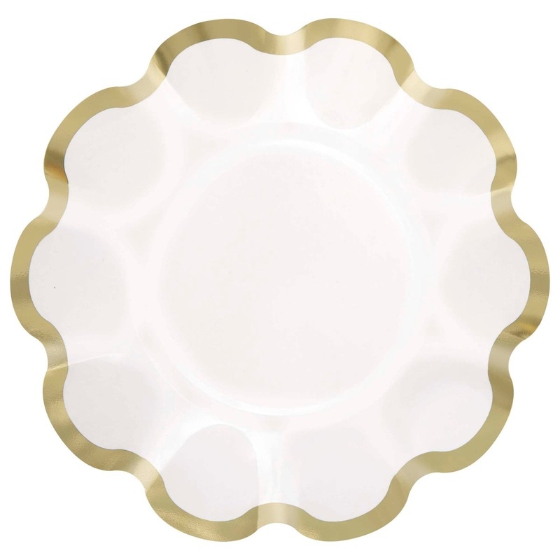 Dainty Easter Large Flower Shaped Lunch Paper Plates, White and Gold, 9 Inches, 8 Count