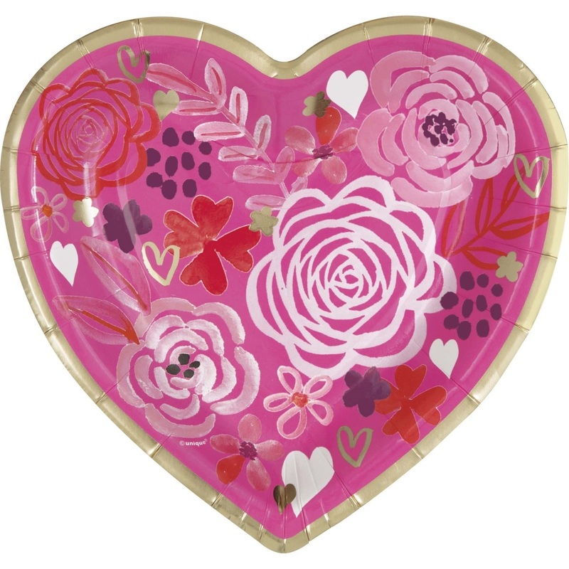 Elegant Valentine Large Heart Shaped Lunch Paper Plates, 9 Inches, 8 Count