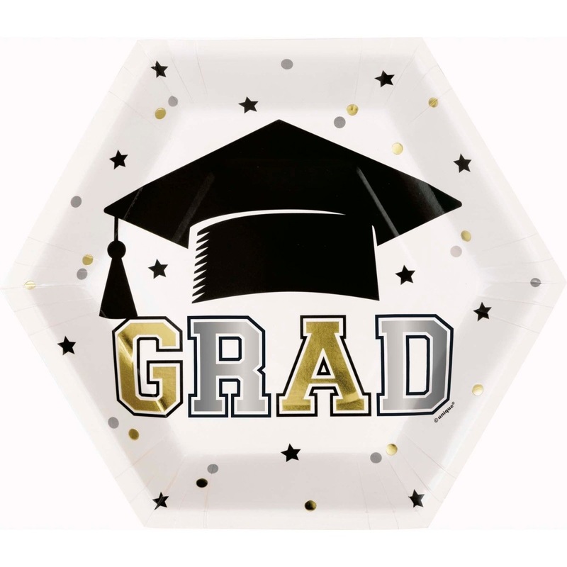 Starry Graduation Large Hexagon Lunch Paper Plates, 9 Inches, 8 Count