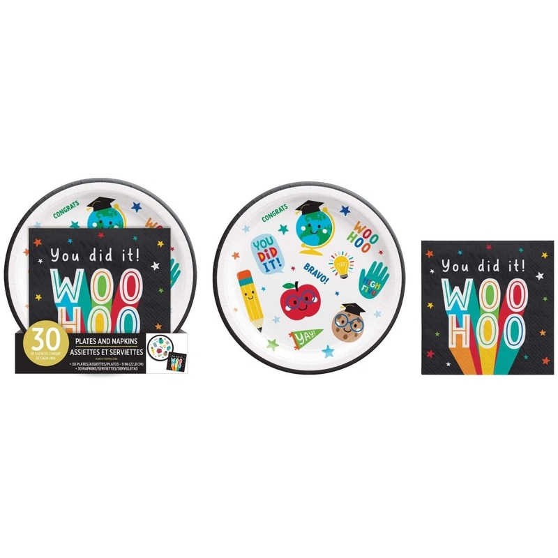 Graduation Fun Large Round Lunch Paper Plates & Large Lunch Napkins Value Pack, 60 Count