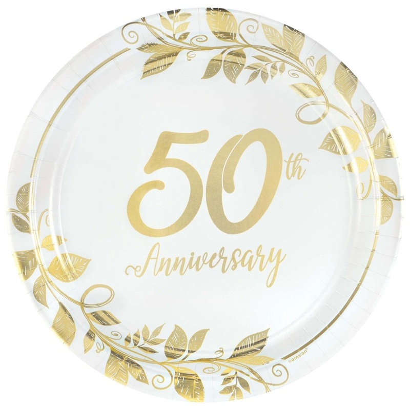 Happy 50th Anniversary Gold Large Round Lunch Paper Plates, 10 Inches, 8 Count