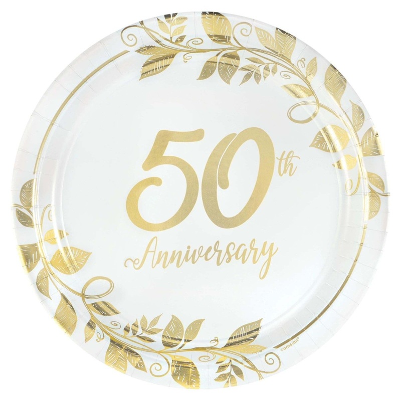 Happy 50th Anniversary Gold Small Round Dessert Paper Plates, 7 Inches, 8 Count